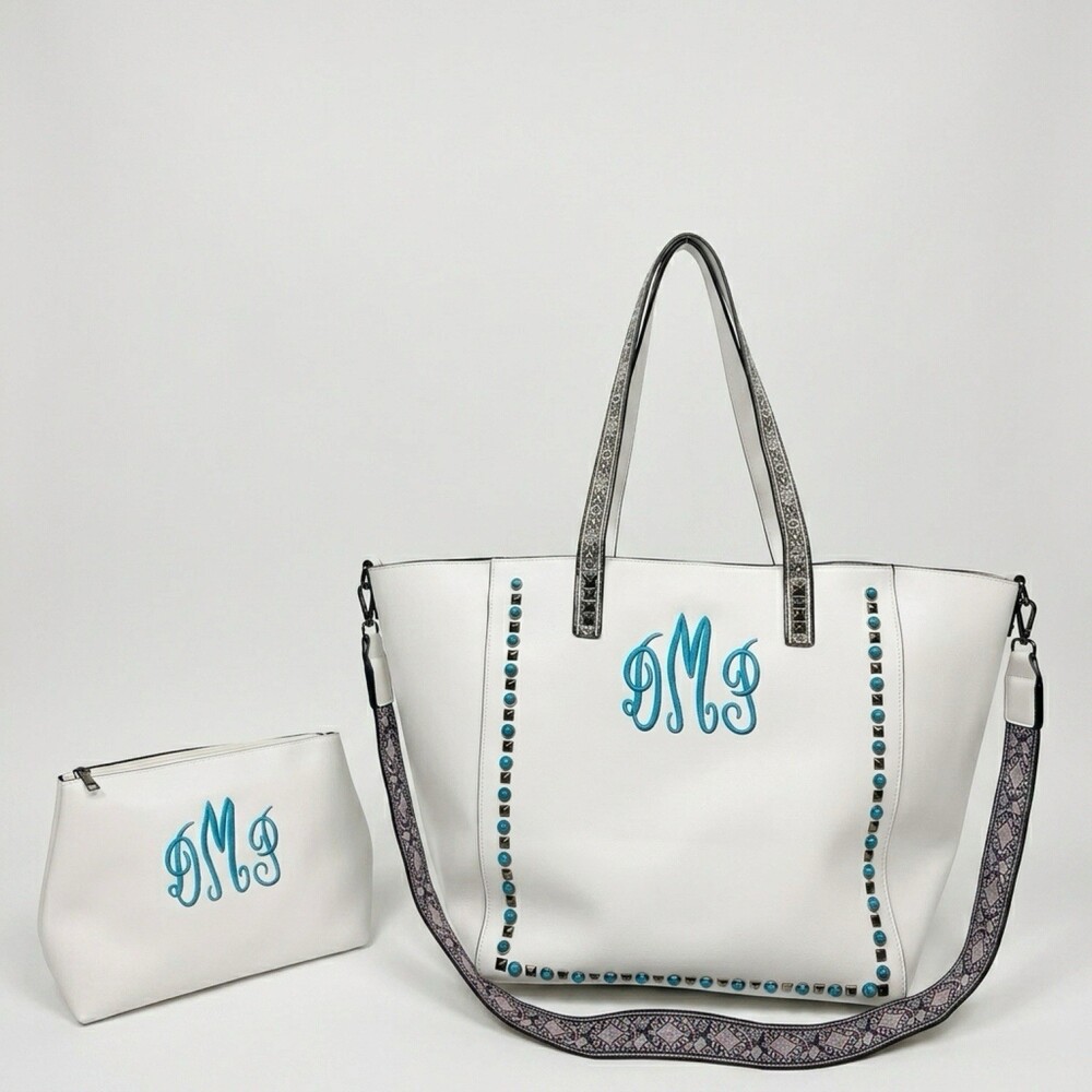 Monogram Tote Bag Set DMP Studded Shoulder Purse w Matching Pouch